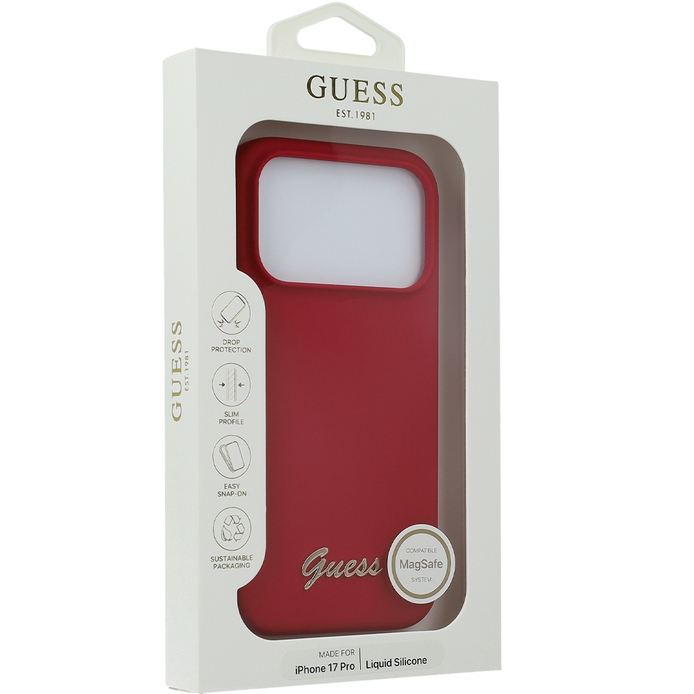 Etui Guess Hardcase Silicone Script Metal Logo do MagSafe do iPhone 17 Pro, czerwone